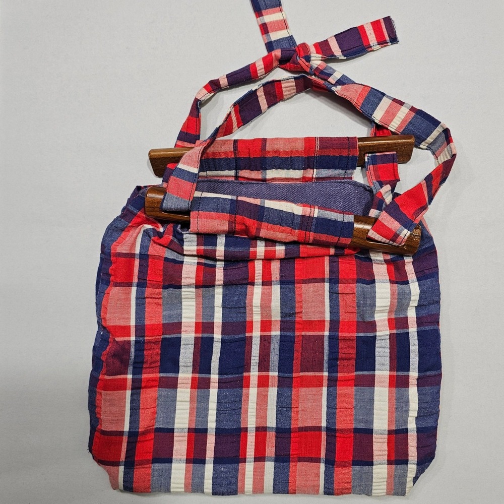 VTG Plaid Tote Bag‎ Womens Small Red Blue White Checkered Wooden Handle
